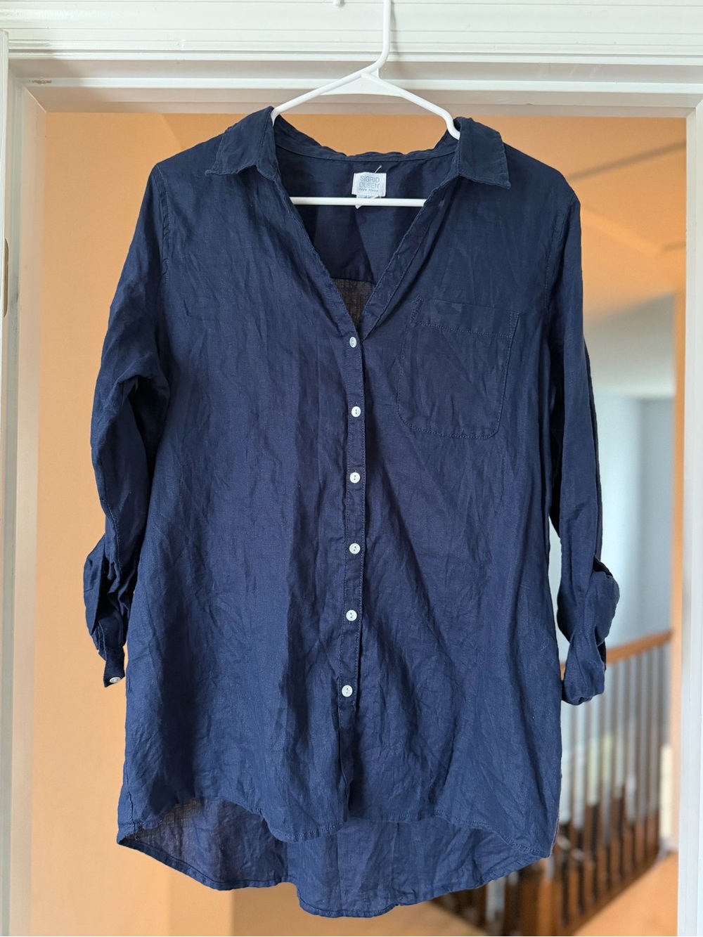 Sigrid Olsen Navy 100% Linen Button-Down Top